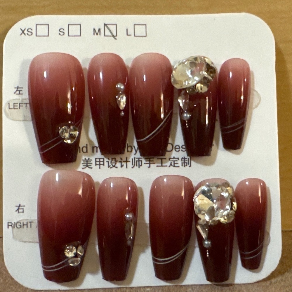 Elegant Ombre Burgundy Press-On Nails with Rhinestone Accents